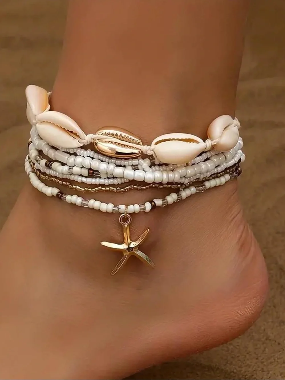 Anthropologie White & Gold Shell Anklet Stack
